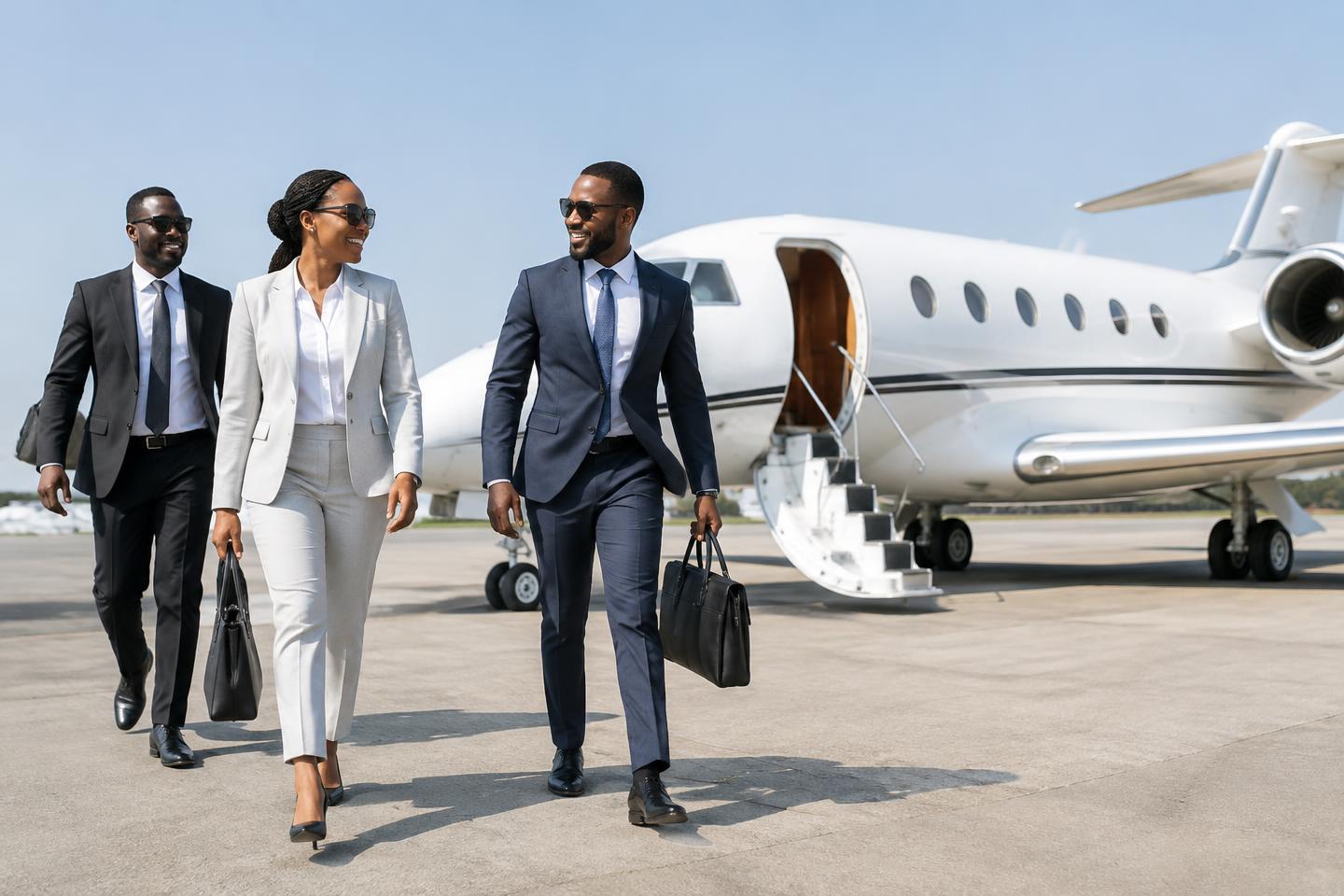 Business travellers walking toward a private jet
