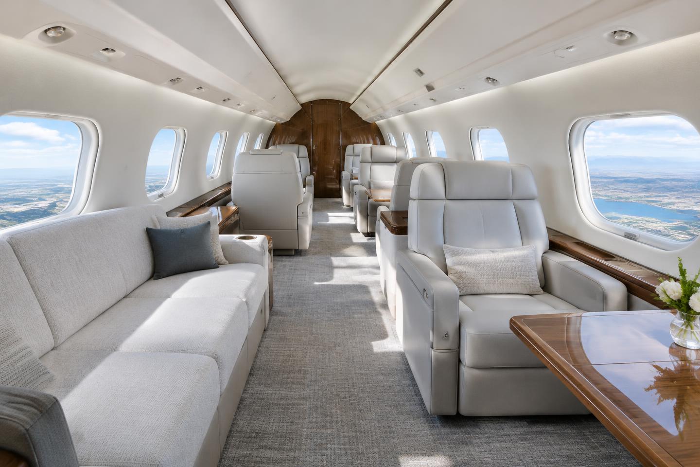 Illustrative private aircraft cabin; actual aircraft varies by charter