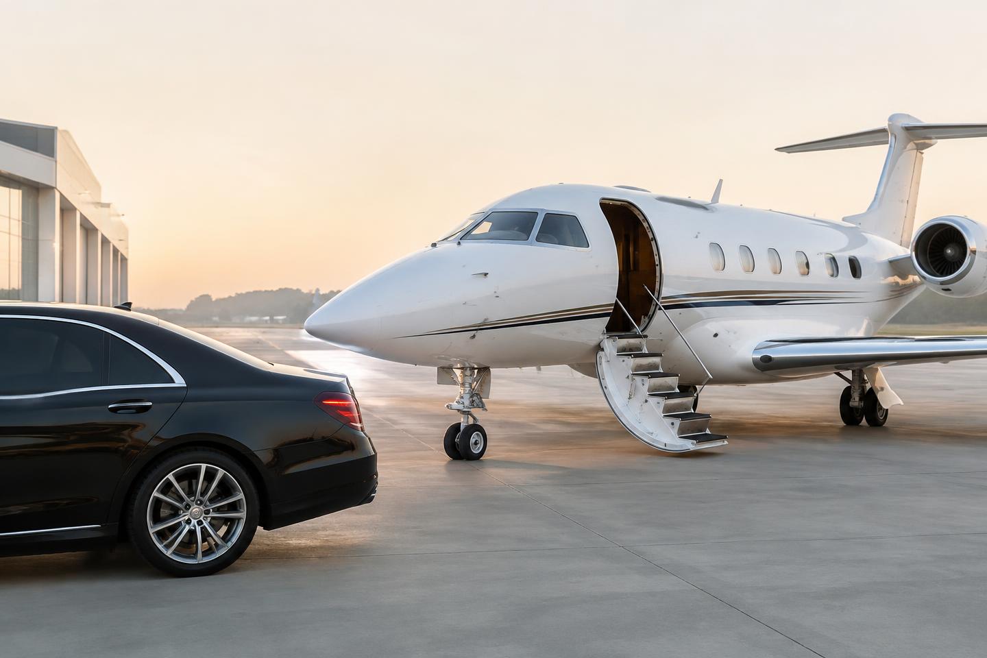 Quiet private terminal with an executive car beside a private jet