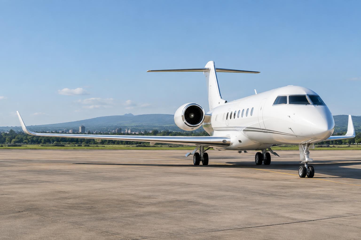 Illustrative private jet on a sunlit African airport apron