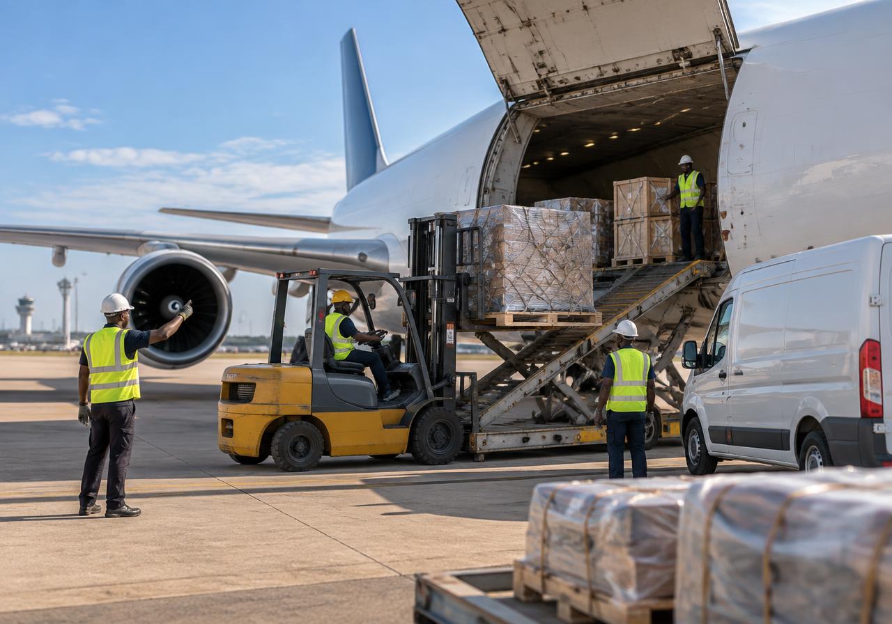 Ground crew loading wooden crates and wrapped pallets into a cargo aircraft on an African airport apron