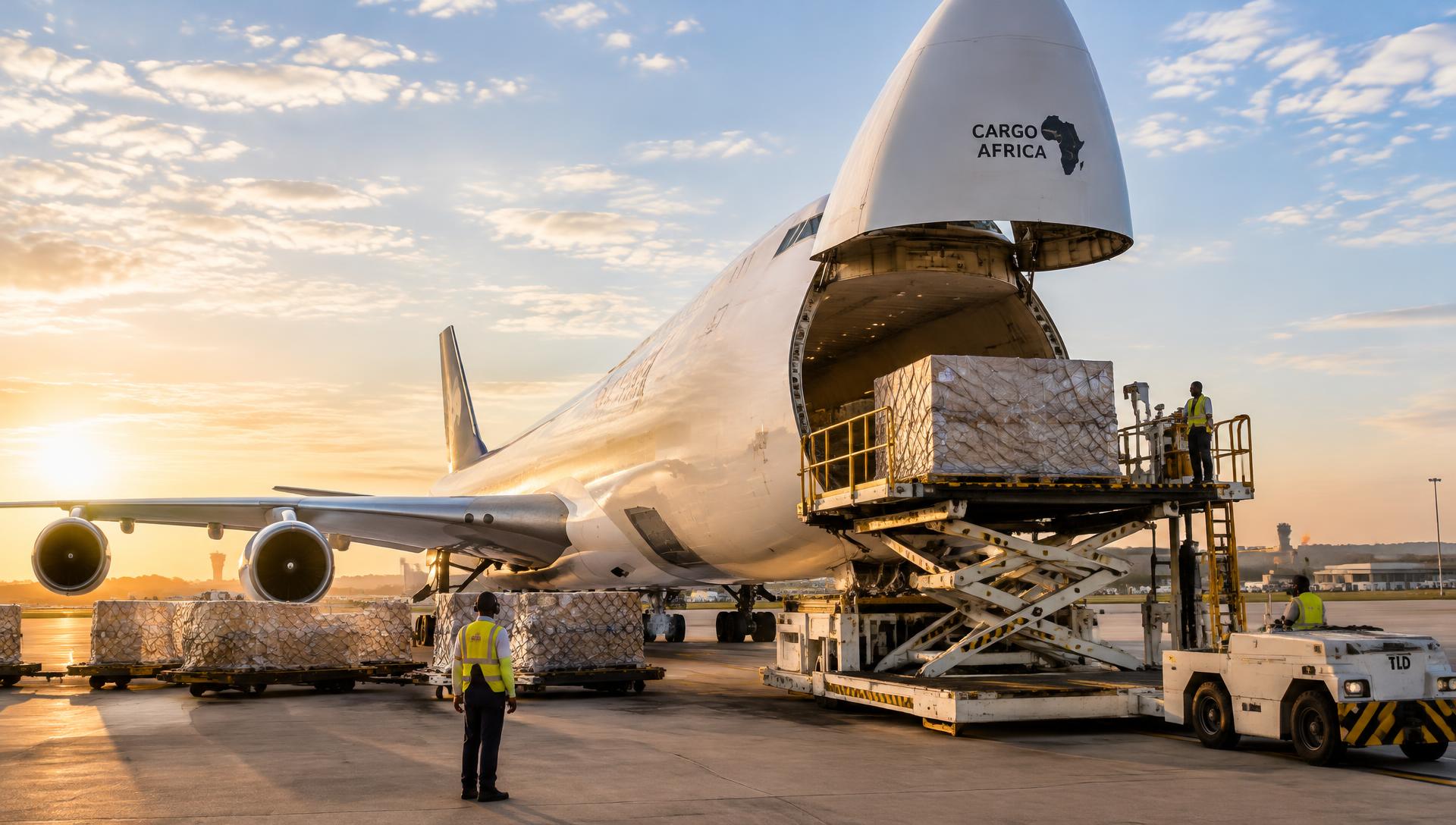 Cargo aircraft loading freight at an African airport