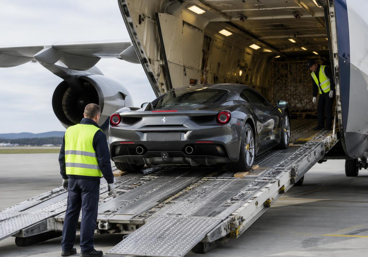 Luxury sports car loaded into a cargo aircraft