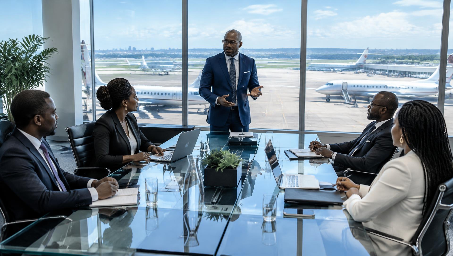 African executives in a boardroom overlooking private jets