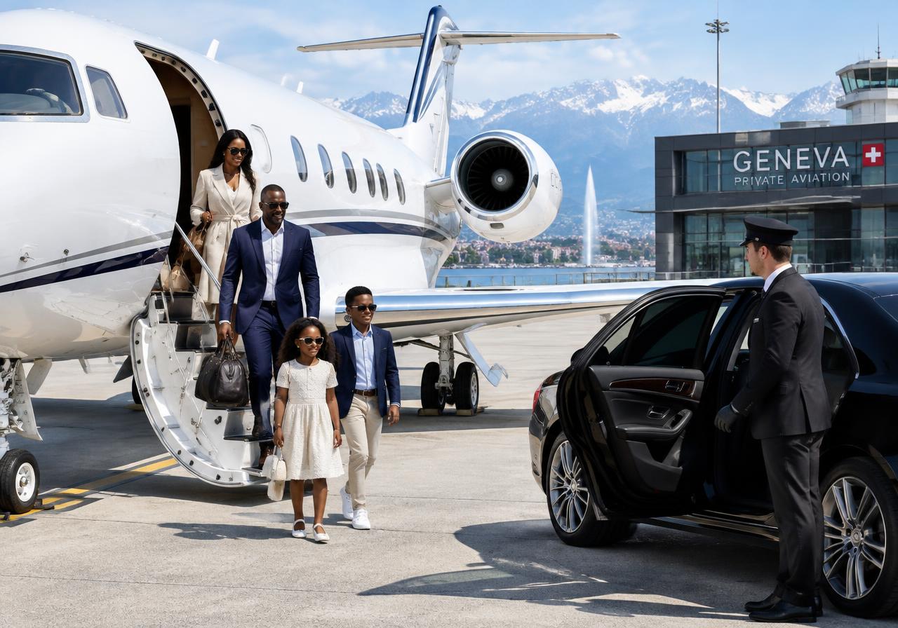 Family arriving by private jet in Europe