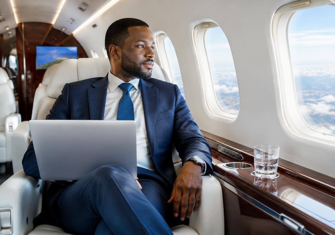 Executive in a private jet cabin