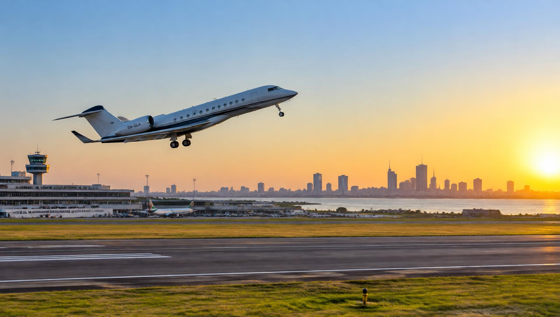 Private jet taking off from an African airport