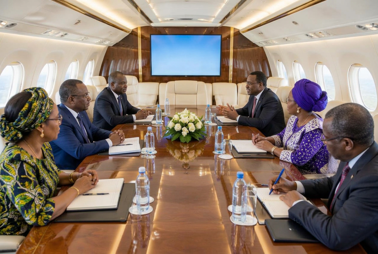 Delegation meeting in a VIP aircraft cabin