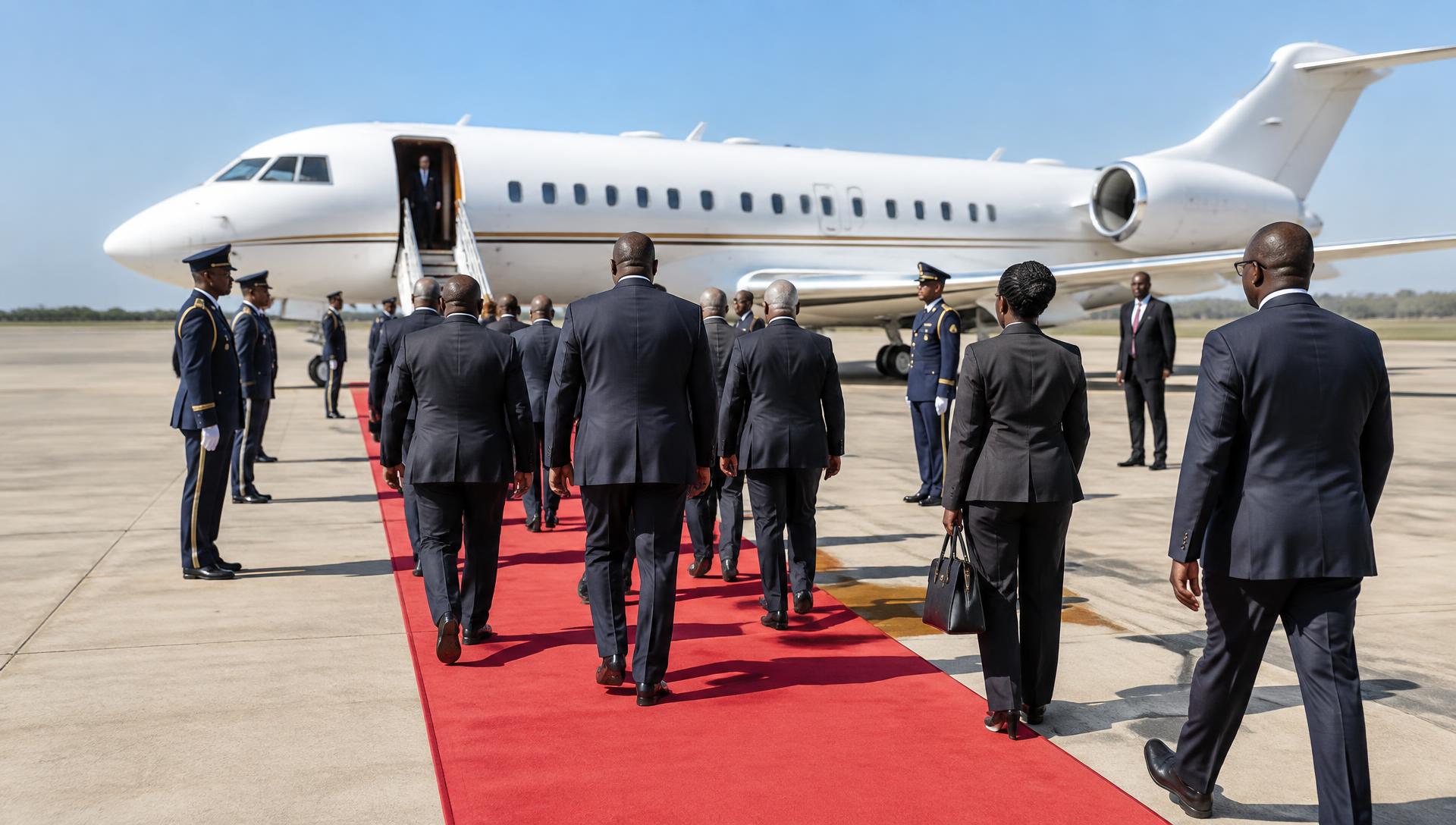 Official delegation boarding a VIP jet