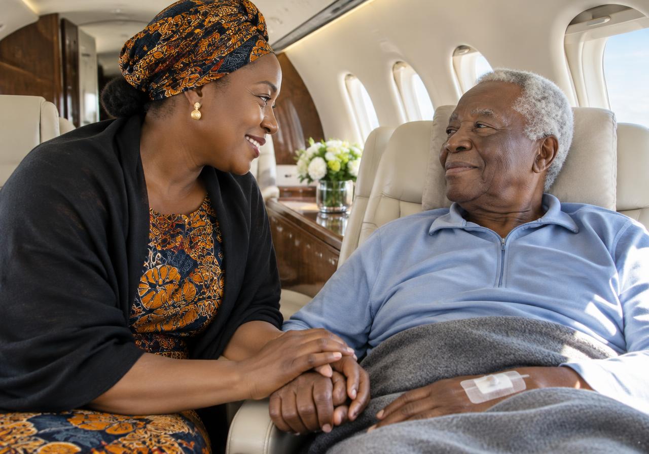 Family member comforting a patient on board