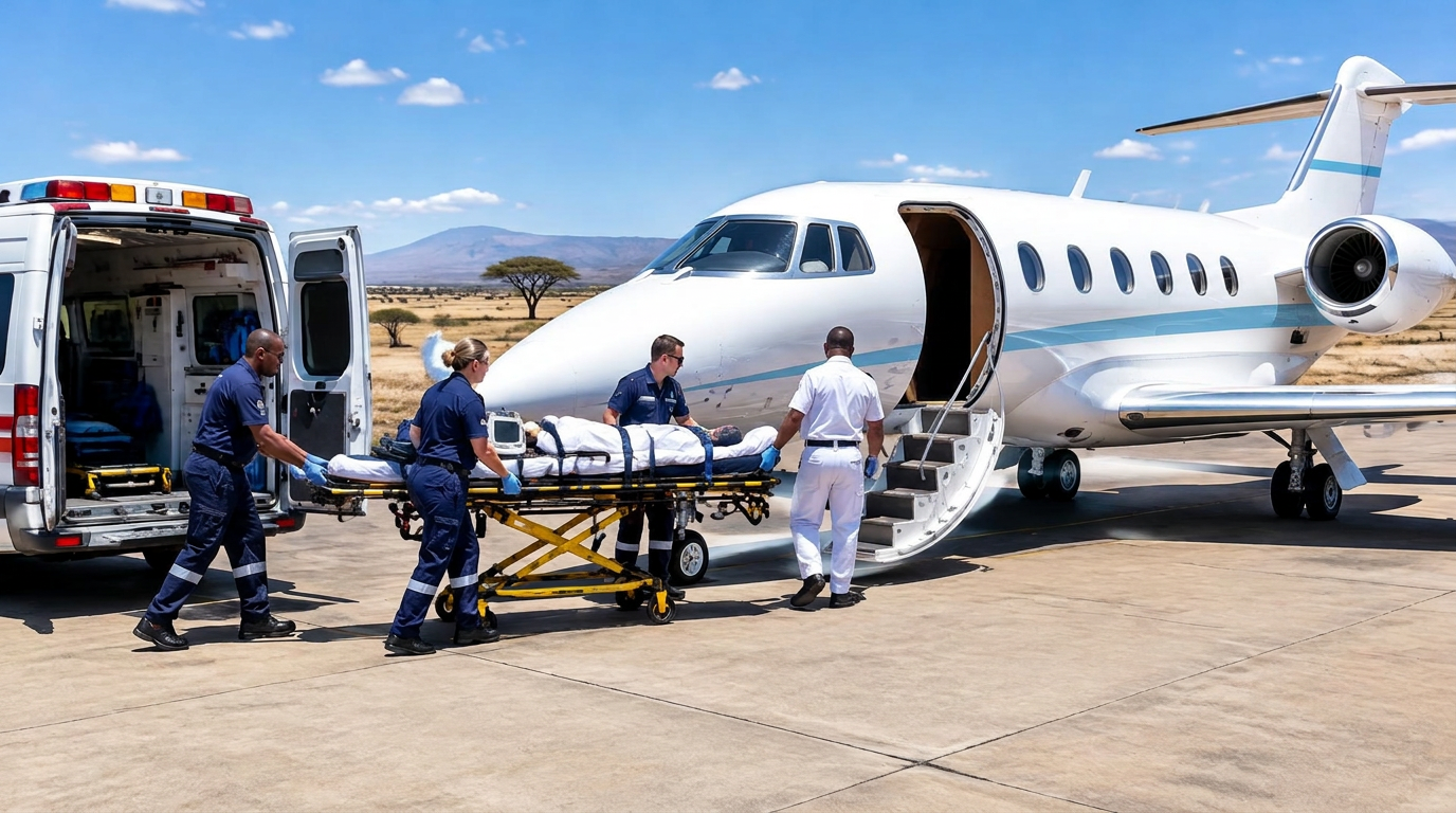 Medical crew loading a patient onto an air ambulance jet
