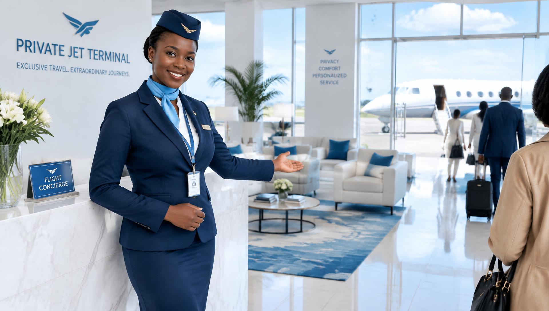 Flight concierge welcoming passengers at a private terminal