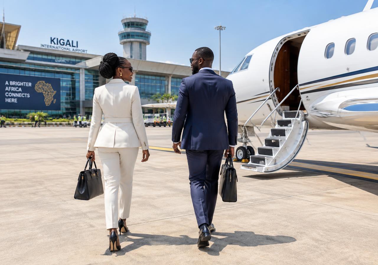 Executives walking to a private jet